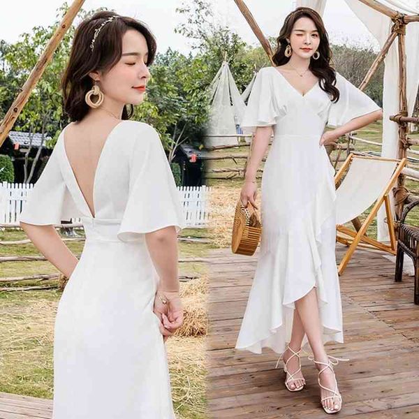 White Beach Holiday Abito lungo da donna Summer Runway Sexy scollo a V Backless patchwork Flare Sleeve Ruffles Mermaid Maxi Dress 210514