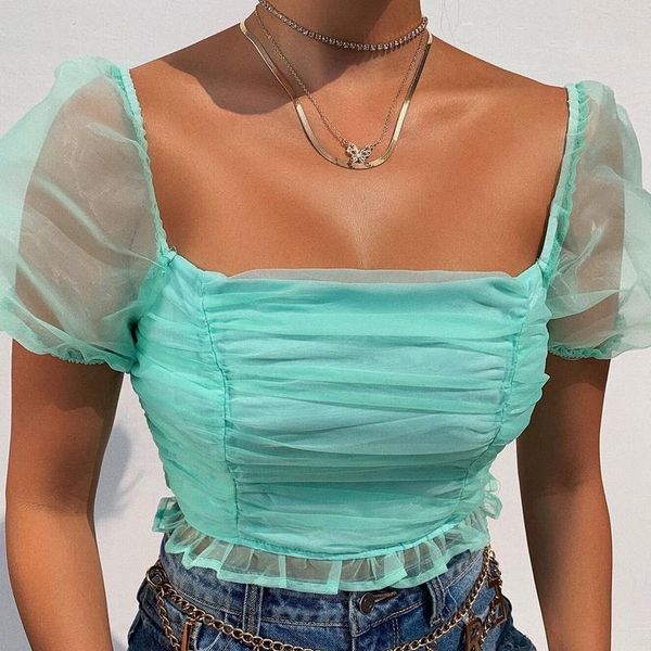 

women's t-shirt fashion square neck perspective mesh puff sleeve short top, White