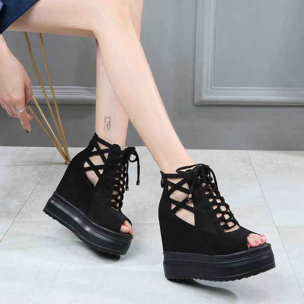 

roman style women's shoes 2021 increased wedge with platform sandals ladies fashion high-heeled fish mouth cooler boots, Black