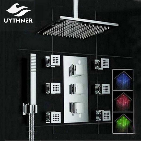 

uythner ceiling mounte 3 color changing led square rain shower head thermostatic valve mixer tap w/ massage jets sprayer bathroom sets