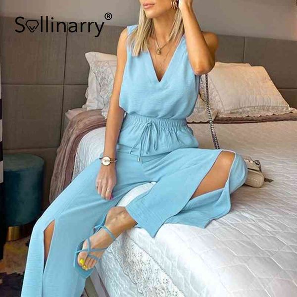 

sollinarry fashion solid blue women suit summer v-neck vest split wide leg pants elegant casual high street two piece set lady 210709, White