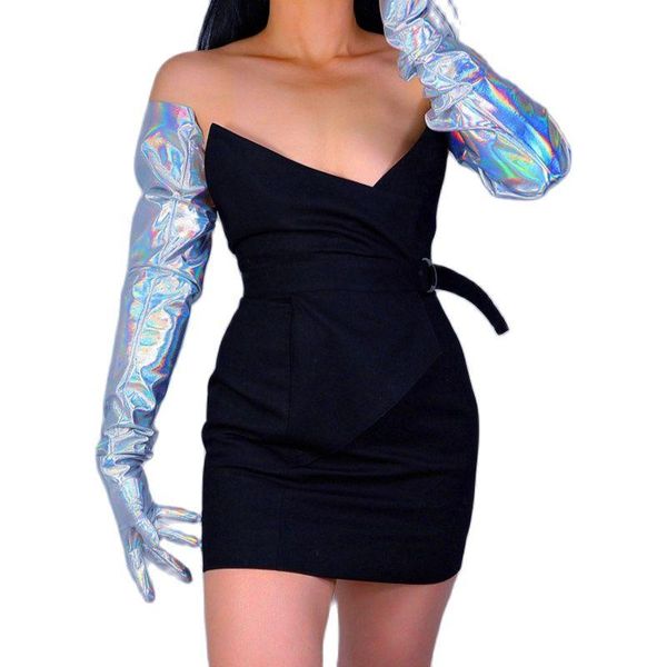 

sports gloves 35" 90cm hologram silver shine holo women leather long faux patent, Black
