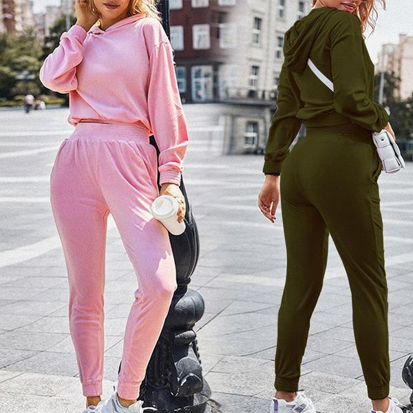 

women's two piece pants autumn winter solid hooded short hoodies loose casual sports suit fashion long sleeve high waist pantsuit, White