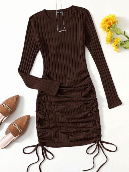 

drawstring ruched side bodycon dress 31bo#, Black;gray