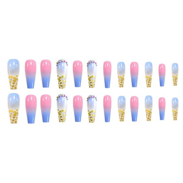 

false nails 24pcs rainbow gold leaf with diamond wear long paragraph manicure patch save time wearable nail j9, Red;gold