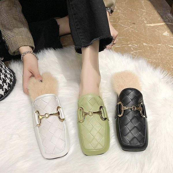 

furry slippers women's fall/winter wear lazy baotou half flat fur mules, Black