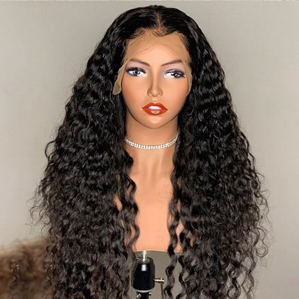 

4x4 lace closure human hair wigs for black women water wave pre plucked natural hairline brazilian virgin wig with baby hair middle part, Black;brown