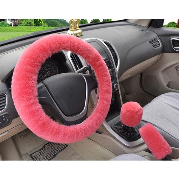 

steering wheel covers 3pcs/set winter pink soft warm plush car cover handbrake