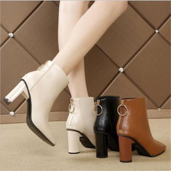 

boots solid color zipper womens fashion square heel basic casual roman pumps, Black