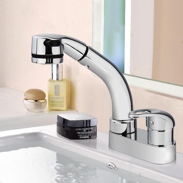 

bathroom sink faucets chrome solid brass three holes pull out faucet two function cold and water mixer basin