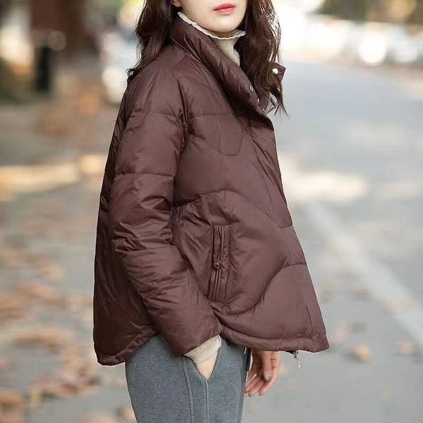 

2021 winter new thin down jacket women's light short loose stand collar coil buckle warm white duck, Black