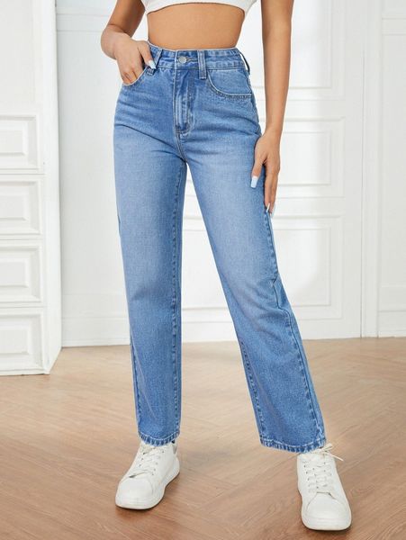 

petite high waist solid jeans l9a6#, Blue