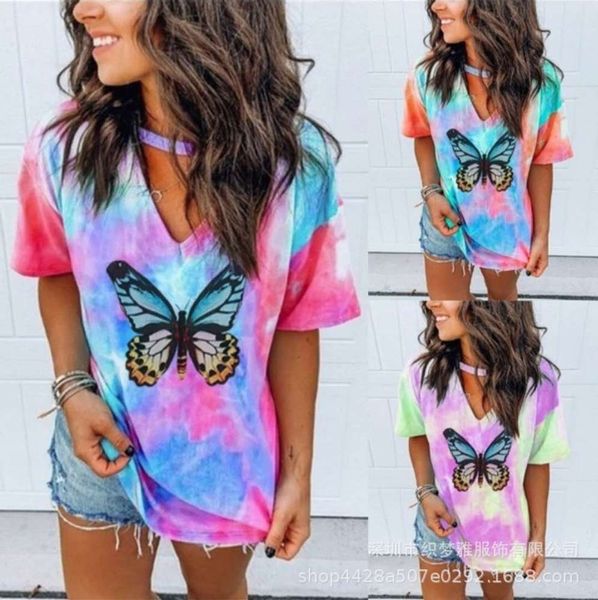 

women's t-shirt 2021 summer print tie dye v-neck short sleeve 7nlw, White