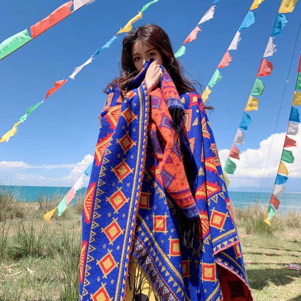 

yunnan chaka salt lake tourism po ethnic style long scarf women's cloak dert shawl imitation cashmere cloak, Blue;gray