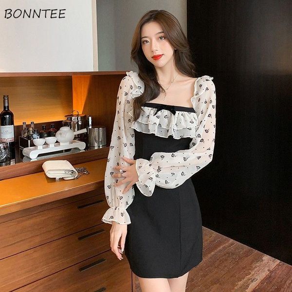 

casual dresses long sleeve women all-match patchwork leisure mini panelled square collar elegant female vestido korean style cozy, Black;gray