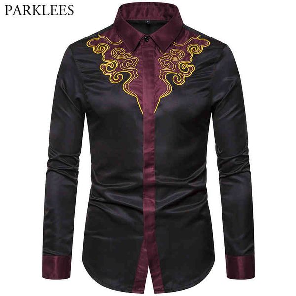 

mens luxury embroidery printed splice shirt covered button shirts party prom wedding long-sleeve chemise homme 210524, White;black