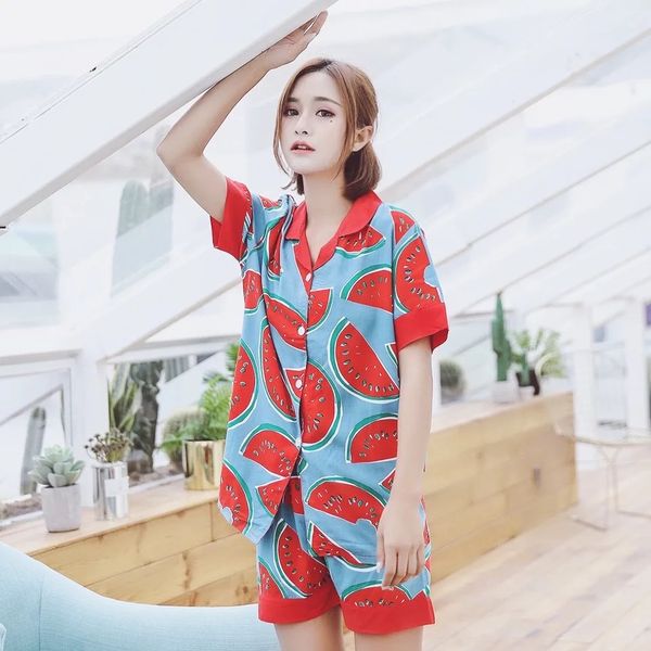 

women's sleepwear summer cute watermelon pajamas for women sleeve pyjamas cotton + shorts sets nightwear ldfa, Black;red
