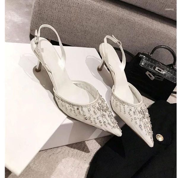 

sandals pointed diamond stiletto lace white 2021 style wedding banquet fashion high- heeled shoes women star with money11, Black