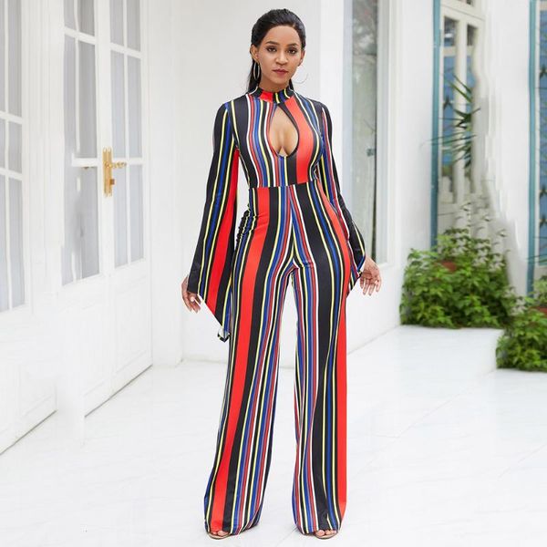 

women's jumpsuits & rompers office women jumpsuit long sleeve elegant stripe print hollow ladies overalls spring 2021 wide legs pants, Black;white