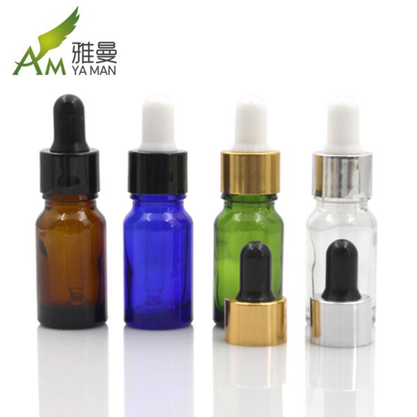 

factory wholesale 10ml dropper essential essence medicine oil glass bottle, bright gold, silver lid.