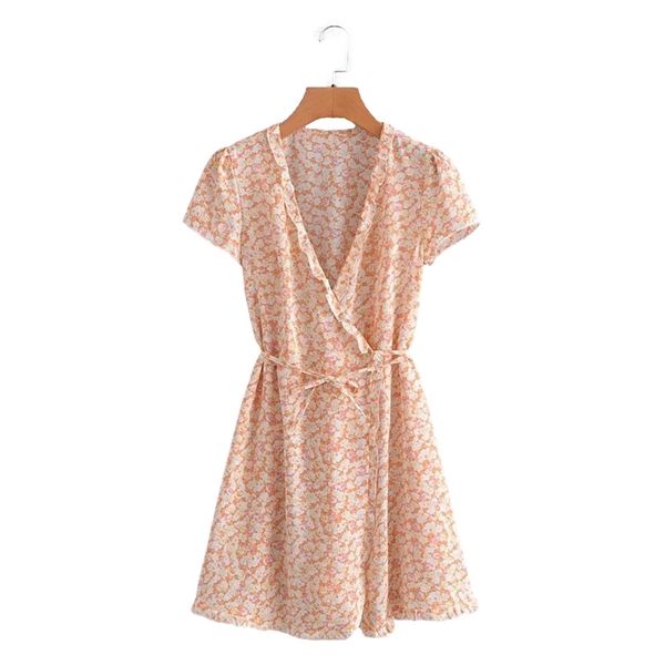 Сладкая женщина оранжевый V шеи цветок мини-платья летняя мода дамы ruffles пляж es шикарная шнуровка 210515