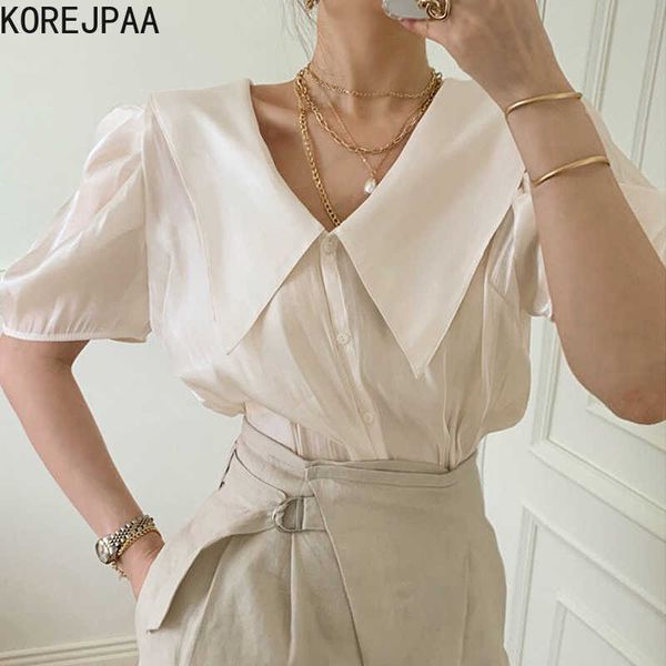 

korejpaa women shirt summer temperament cream apricot lapel stitching loose versatile single-breasted puff sleeve blouses 210526, White