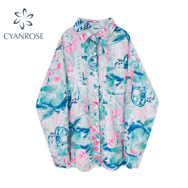 Летние женщины атласная блузка с длинным рукавом цветочные печать рубашки Винтажные причинные дамы топы мода улица Blusa de mujer ins 210417