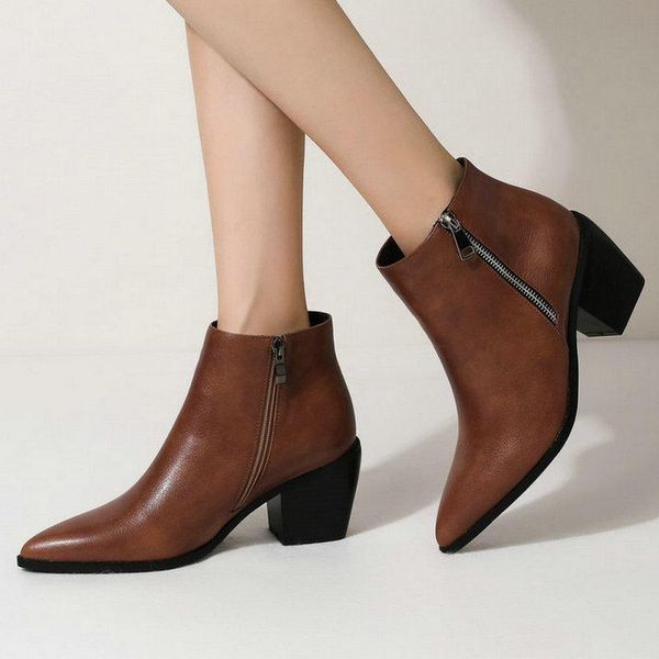 

boots black yellow brown 2021 women ankle faux leather square heel pointed toe zipper women's big size 34-43