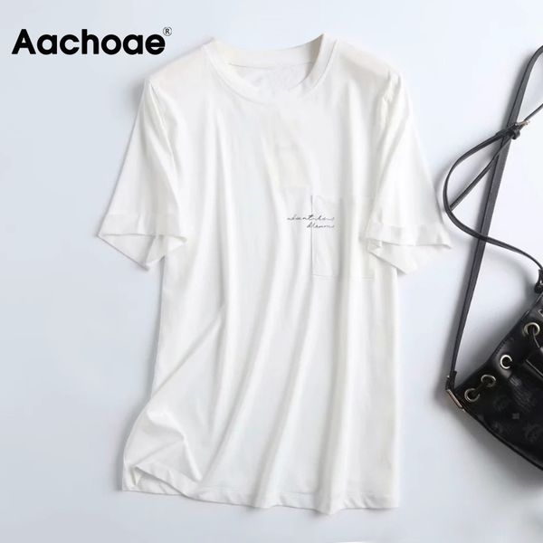 

aachoae loose casual white t shirt women o neck letter print tunic with pocket summer short sleeve fashion t-shirt 210413