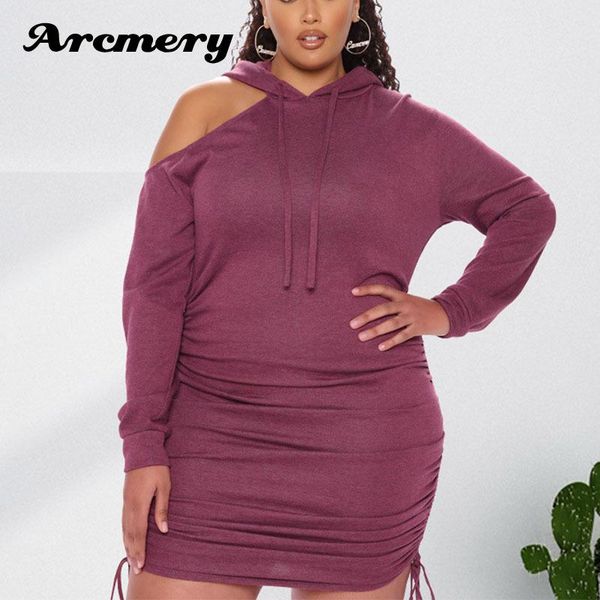 

plus size dresses women long sleeve cold shoulder pleated bodycon hoodie dress