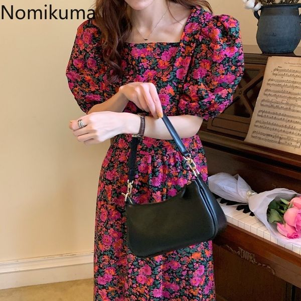 

nomikuma floral printed dresses summer square collar short puff sleeve vintage dress women slim waist a line vestidos mujer 210514, Black;gray