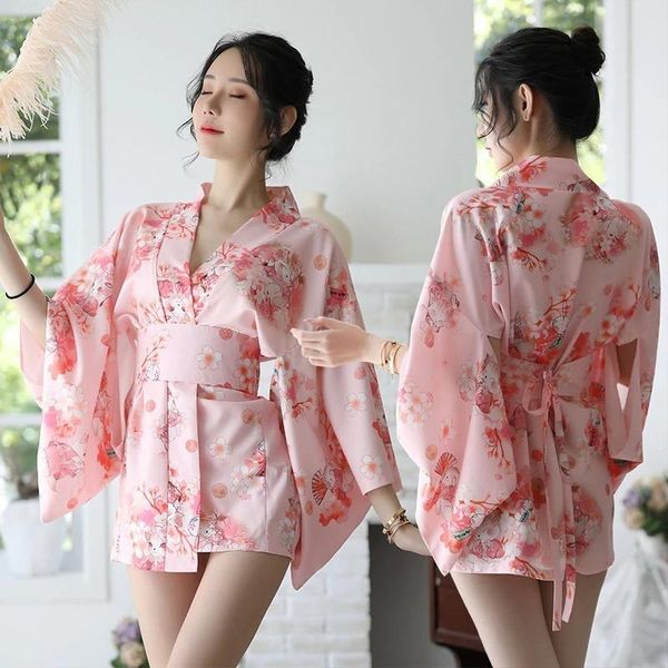 

ethnic clothing japanese style sakura girl kimono dress cardigan floral printed pajamas yukata costume bathrobe party nightgown, Red
