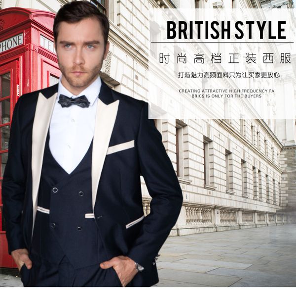 

excellent navy blue 3 piece suit men wedding tuxedos peak lapel slim fit groom tuxedos men business dinner prom blazer(jacket+pants+tie+vest, Black;gray