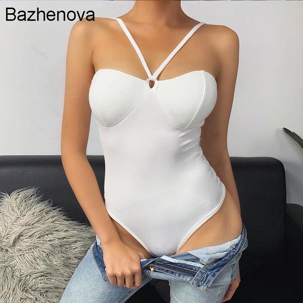 

slim women's backless bodysuit y-shape camisole bodysuits solid color button strap basic t1318 jumpsuits & rompers, Black;white