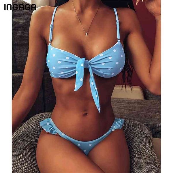 Ingaga Bikinis Mujer Sexy Ruffle Swimwear Mulheres Tie Front Swimsuit Polka Dot Imprimir Biquini Beach Wear Bathers Banheira Terno 210621