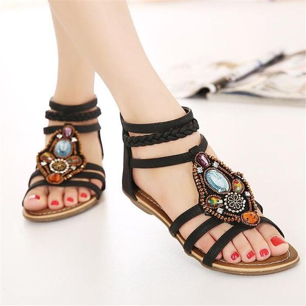 

summer women's narrow band open toed flat sandals bohemian bling crystal string bead beach vacation casual shoes, Black