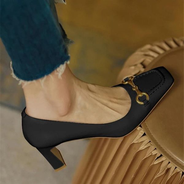 

dress shoes autumn women's kitten heels metallic buckle square-toe female single shallow mouth thick heel layer cowhide sandals, Black