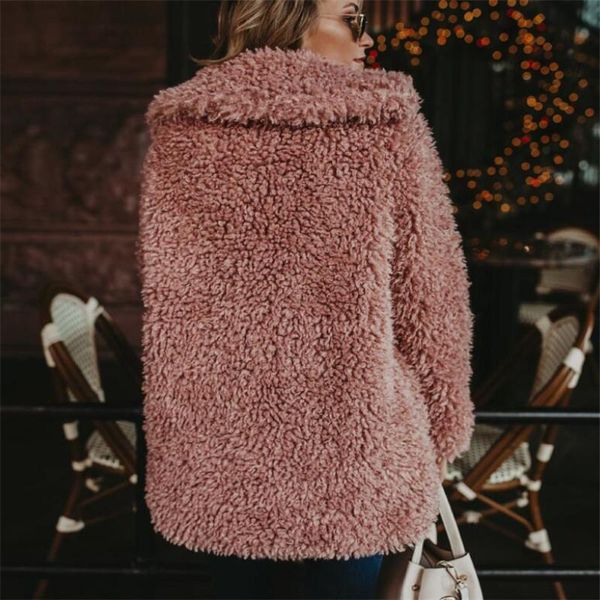 

women's fur & faux fluff coats long female outwear loose autumn winter overcoat trend lady jacket soft warm lapel for women, Black