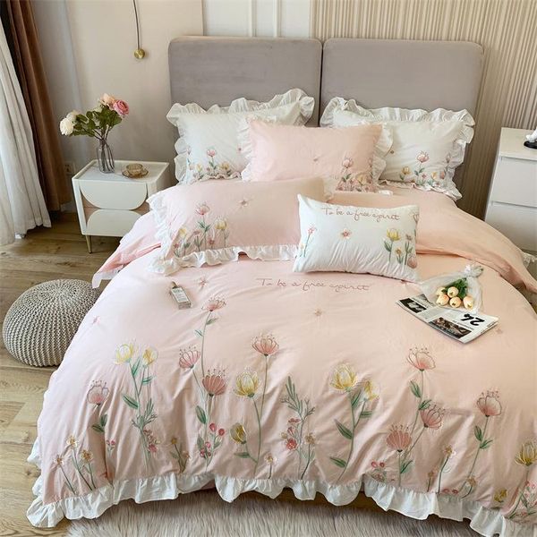 

bedding sets luxury skin washed cotton princess set flowers embroidery ruffles duvet cover quilt bed linen pillowcases 4pcs