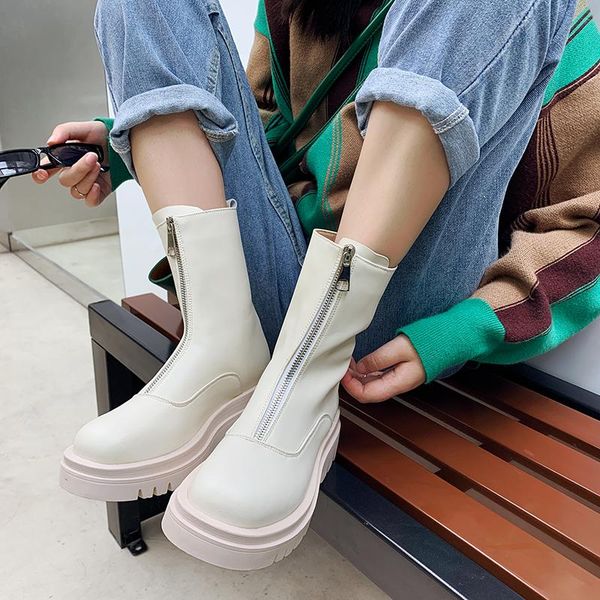 

boots soft pu lether winter womens shoes punk goth platform chunky heels woman motorcycle ankle with front zipper, Black
