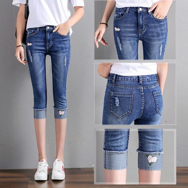 

women's jeans woman summer elasticity embroidered female cropped trousers stretch washed cuffed student calf-length pencil pants, Blue