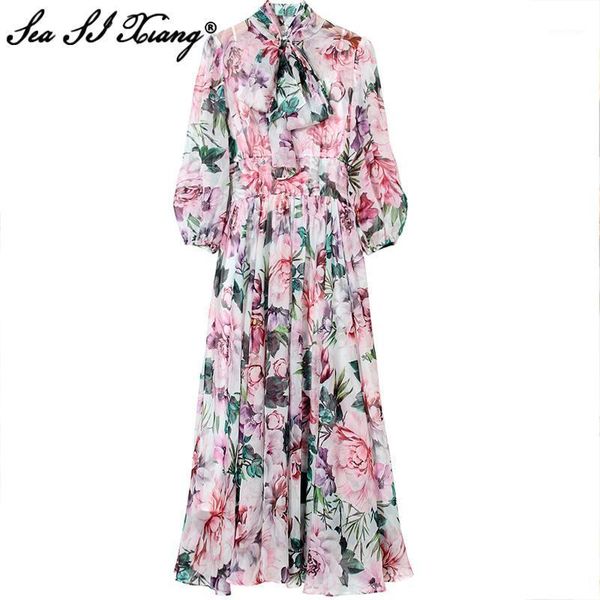 

casual dresses seasixiang fashion designer summer chiffon dress women's bow collar lantern sleevek camellia print midi beach, Black;gray