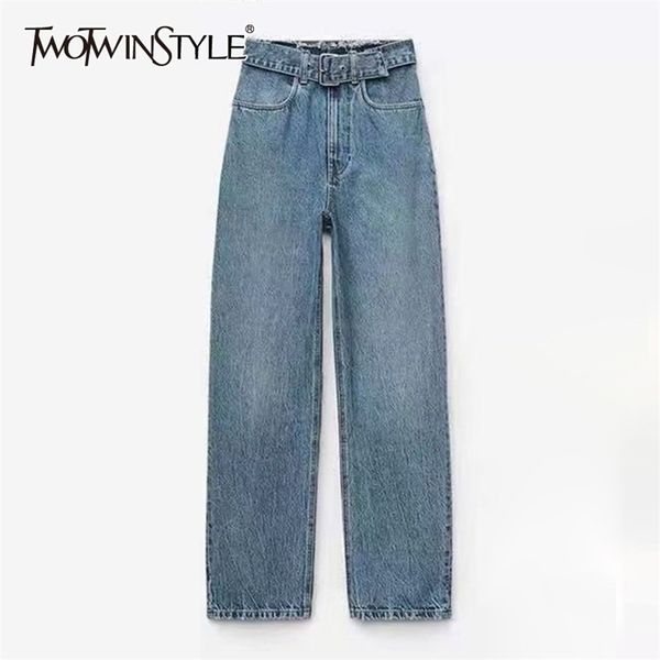 

straight casual sashes jeans for women high waist minimalist denim pants female fashion clothing spring 210521, Blue