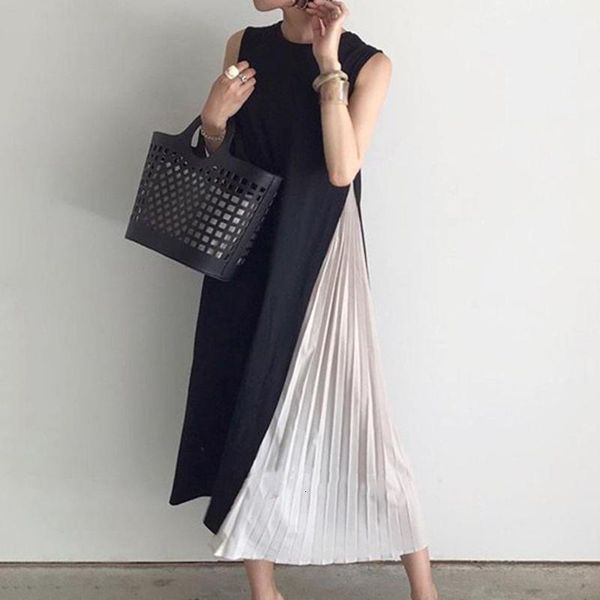 

Casual Dresses Korean Sleeveless Women Long Dress Summer Pleated Patchwork Lady Maxi Robe Femme Vestiods Janpan Date 4OHU, Black;gray
