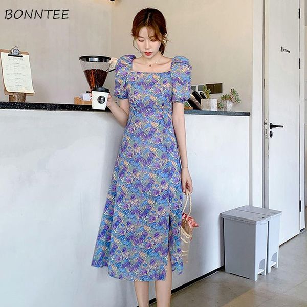 

casual dresses women asymmetrical princess sleeves side-slit square collar summer sundress ins elegant soft simple all-match, Black;gray