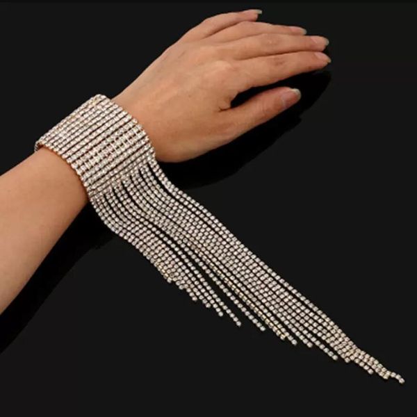 

fashion long tassel rhinestone bracelet hand jewelry for women bridal crystal statement bracelets wedding jewellery 2 colors, Golden;silver