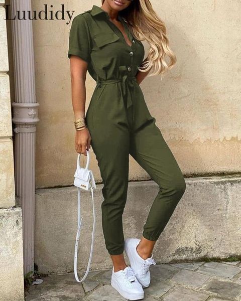 

women's jumpsuits & rompers women army green short sleeve bottoned belt jumpsuit office lady one piece romper, Black;white