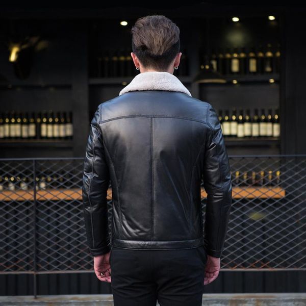 

men's leather & faux genuine winter down sheepskin coat for men wool fur collar slim real jacket n5332 kj846, Black