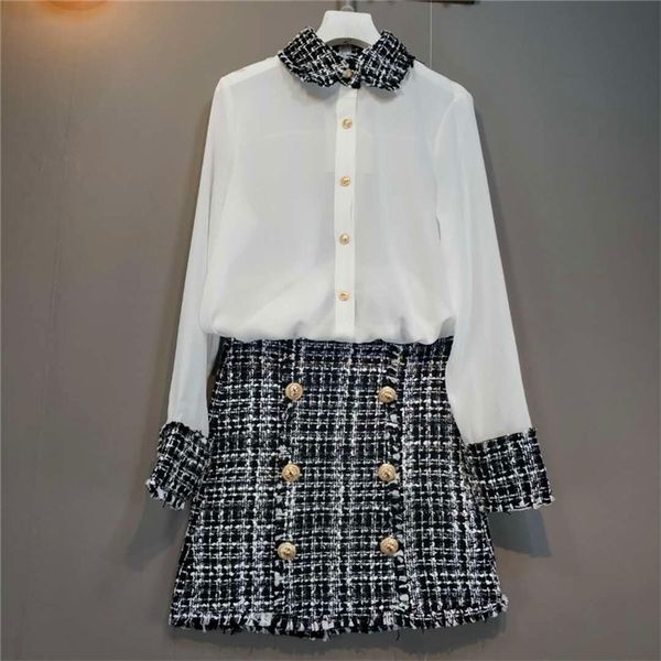 Sets Tweed-Röcke und weiße Bluse Frauen Langarm-Tops Chiffon-Hemden Damen Elegante kurze Mädchen 2-teilige Anzüge S-XL 210601