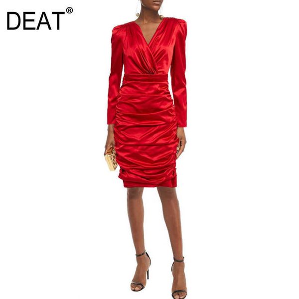 

[deat] spring summer fashion v-neck high waist folds long sleeve solid color quality dress women 13d133 210527, Black;gray